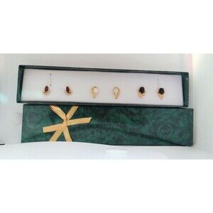 Earrings 3 Pairs Gold Tone Genuine Stones Gift Box Birthstone Garnet Pearl Onyx